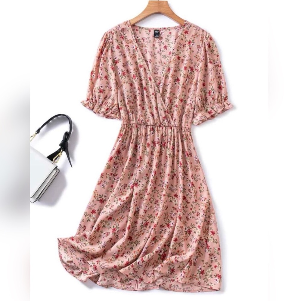NWOT SHEIN Pink Floral Puff Sleeve Cottagecore Midi Dress